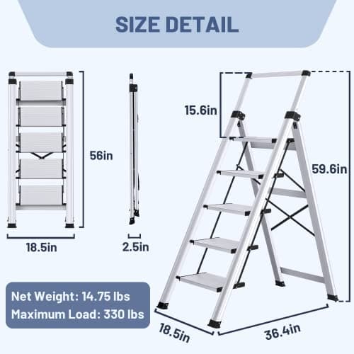 XinSunho 5 Step Ladder, Retractable Handgrip Folding Step Stool with Anti-Slip Wide Pedal, Aluminum Stool Ladders 5 Steps, 330lbs Safety Household Ladder 6