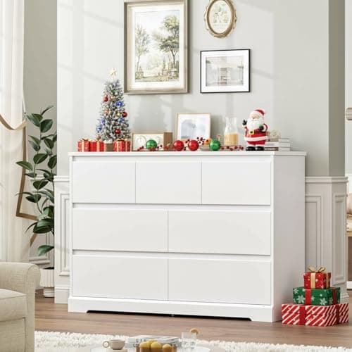 FACBOTALL Dresser for Bedroom, Modern White Dresser, Wood Chest of Drawers Nursery Dressers, with Storage, 7 Drawer Double with Handle Free, Large Storage Organizer for Living Room,White 5