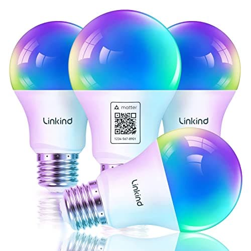 Linkind Matter Smart Light Bulb, Smart Bulbs Work with Apple Home, Siri, Alexa, Google, SmartThings, LED RGBTW Color Changing Bulbs Music Sync,A19 E26 60W 800LM, 2.4GHz WiFi Only, 4 Pack