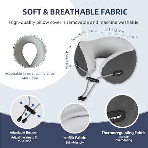 SKYTRAX COMF® Premium Ergonomic Memory Foam Travel Neck Pillow, Washable Cooling Ice Silk Cover, Firm Neck Support for Airplane Long Flights & Pain Relief, with Portable Carry Case (Grey) 6