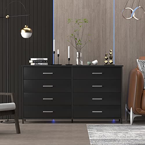 IKENO 8 Drawer Dresser for Bedroom, Industrial Wood Dresser Wide 8 Chest of Drawers, Wooden Storage Organizer Dresser with Sturdy Steel Frame (Black) 6