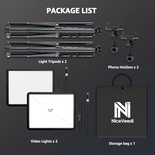 2-Pack LED Video Light Kit, NiceVeedi Studio Light, 2800-6500K Dimmable Photography Lighting Kit with Tripod Stand&Phone Holder, 73" Stream Light for Video Recording, Game Streaming, YouTube 8