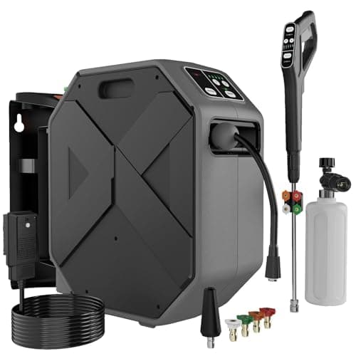 DECOKTOOL Wall Mounted Pressure Washer - 5000 PSI, 3.6 GPM Electric Power Washer with 100FT Retractable Hose, 5-Stage Adjustable Pressure, Foam Cannon & 5 Nozzles for Car, Lane, Patio Cleaning, Dark