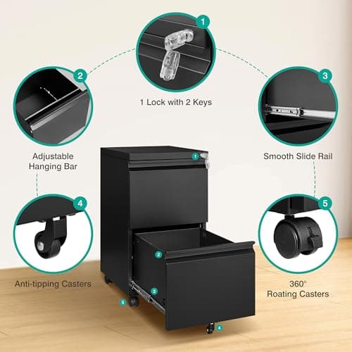 SISESOL 2 Drawer File Cabinet on Wheels,Metal Filing Cabinet with Lock,Black Rolling File Cabinets with Casters,Under Desk Office Cabinets for Home Office,Fit A4/Letter/Legal,Easy Assembly 6