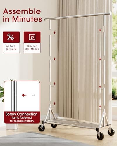 Sakugi Heavy Duty Stainless Steel Rolling Clothes Rack with Mesh Shelf, Lockable Wheels & Anti-Slip Stoppers, Large Capacity Clothing Organizer for Bedroom, Laundry Room, 42.5" x 16.5" x 65.9", Silver 8