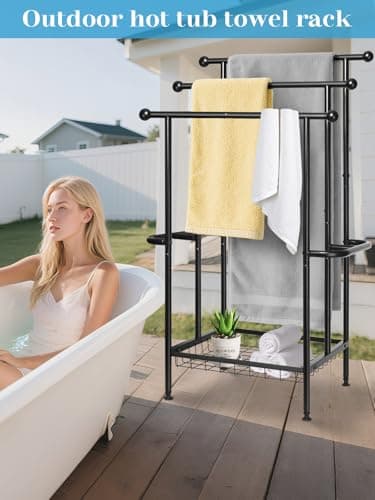 Haturi Free Standing Towel Rack for Bathroom, 3-Tier 39" H Black Metal Towel Drying Rack with Storage Basket, 24.4" L x 13" W x 39" H Rust-Resistant Outdoor Holder for Pool & Oversized Towels 7