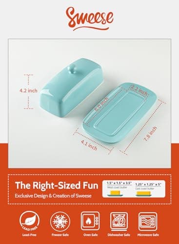 Sweese Butter Dish with Lid, Porcelain Butter Keeper, 7.8 Inch Butter Holder with Handle Cover, Butter Container Perfect for East West Coast Butter, Turquoise 2