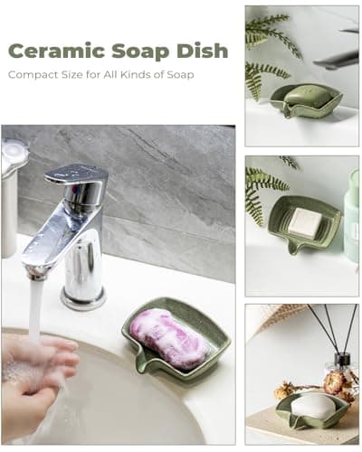 Self Draining Soap Dish, Ceramic Drain Soap Holder Waterfall Design Soap Saver for Shower, Bathroom, Sink, Kitchen and Countertop, Keeps Dry, Green 6