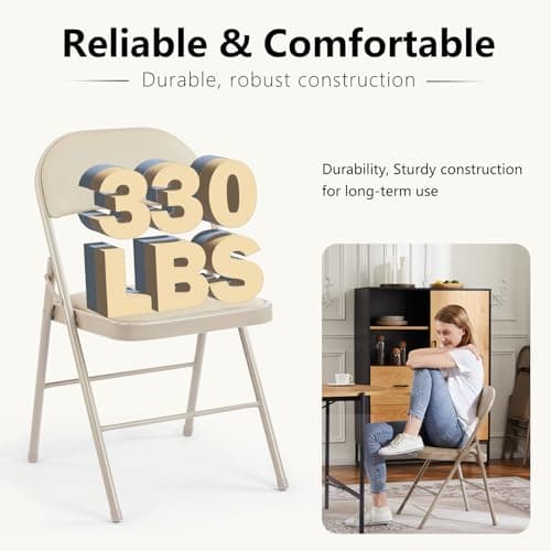 DUMOS 2 Pack Leather Padded Folding Chair, Indoor Outdoor Portable Stackable Commercial Seat with Steel Frame, Capacity for Home, Office, Party, Comfy, Kahki 5