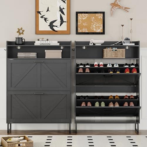 BORNOON Shoe Cabinet with 2 Flip Drawers Narrow Shoe Storage Cabinet Organizer Wooden Freestanding Rack Hidden Slim Storage for Entryway, Hallway, Living Room, Bedroom 5