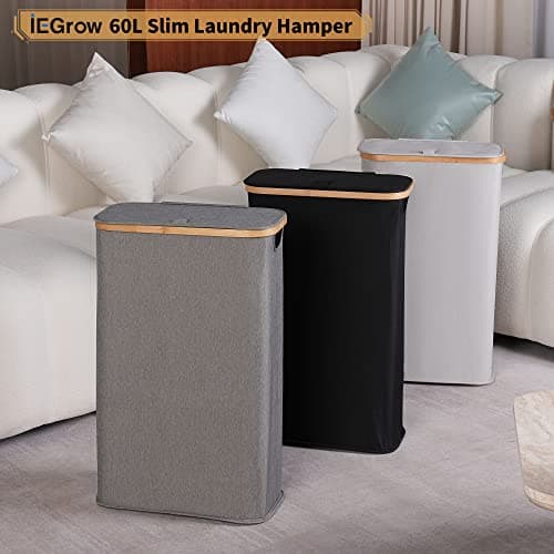 iEGrow 60L Slim Laundry Hamper with Lid,Black Hampers for Laundry,Narrow Laundry Basket with Removable Inner Bag & Bamboo Handles,Tall Thin Clothes Hamper for Clothes Toys Towels Organization 6