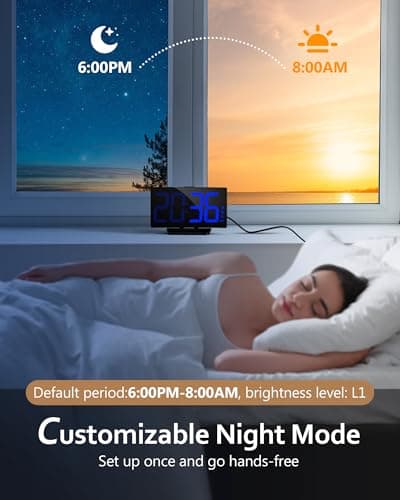 GOLOZA Digital Alarm Clock for Bedrooms, Digital Clock with Modern Curved Design, Conspicuous Blue LED Numbers, 5 Levels Brightness+Off, 2 Volume, 3 Alarm Tones, Snooze, Power-Off Memory, 12/24H 6