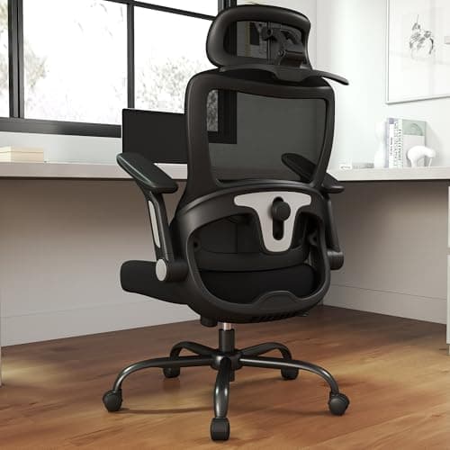 Keratee Ergonomic Office Chair, High Back Home Desk Chair with Adjustable Lumbar Support, Headrest, Flip-Up Arms, 90-135° Tilt Lock and Wide Cushion, Big and Tall Mesh Computer Seating with Wheels