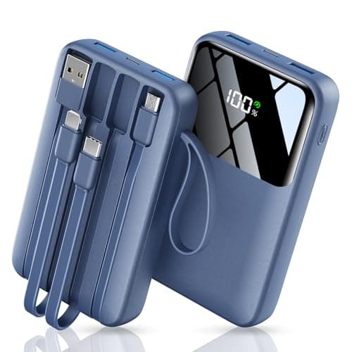 Portable Charger with Built in Cable, 15000mAh Power Bank, 22.5W Fast Charging, 6 Outputs, Slim Travel Essential Battery Pack with LED Display, Compatible with iPhone 16/15/14/13, Samsung, iPad Blue