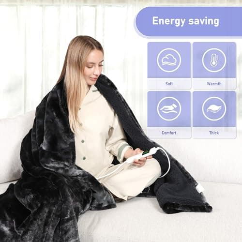 Cushious Electric Heated Blanket Queen 84''x90''Size Faux Fur Heating Blanket 10 Heating Settings, 1-8h Timer & Overheat Protection, Machine Washable, Soft Flannel and Sherpa Full Body Warmth 7