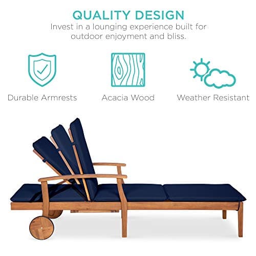 Best Choice Products 79x26in Acacia Wood Chaise Lounge Chair Recliner, Outdoor Furniture for Patio, Poolside w/Slide-Out Side Table, Foam-Padded Cushion, Adjustable Backrest, Wheels - Navy Blue 5