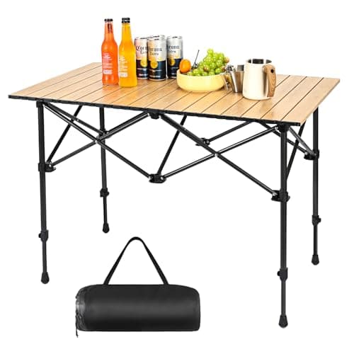 pollilar Camping Table Folding Camp Table Roll Up Surface Lightweight, Collapsible Height Adjustable Suitable for Picnic Adults with Carry Bag for Indoor Outdoor BBQ Picnic Gathering Patio