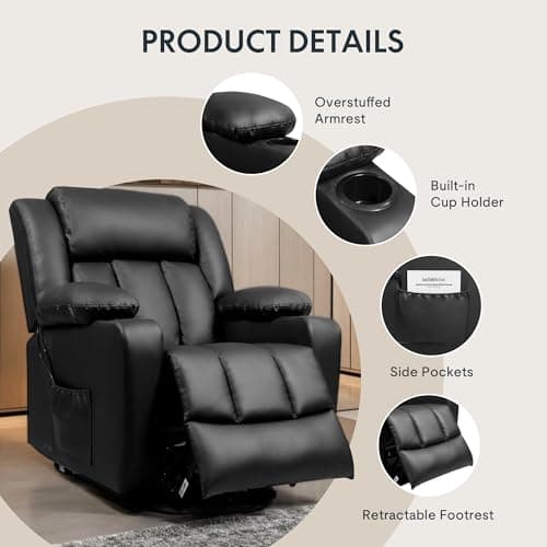 FLEXISPOT XL31 Power Lift Recliner Chair for Elderly, Electric Lift Chair with Massage & Heat, PU Leather Reclining Sofa w/Cup Holders, Side Pockets for Living Room Bedroom(Medium Size,Black) 8