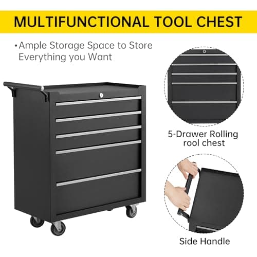 Rolling Tool Chest, 5 Drawers Tool Storage Cabinet, Toolbox with Wheels, Portable Tool Cabinet Organizer with Locking System & Drawer Liners, Tool Storage Cart for Garage, Workshop 5