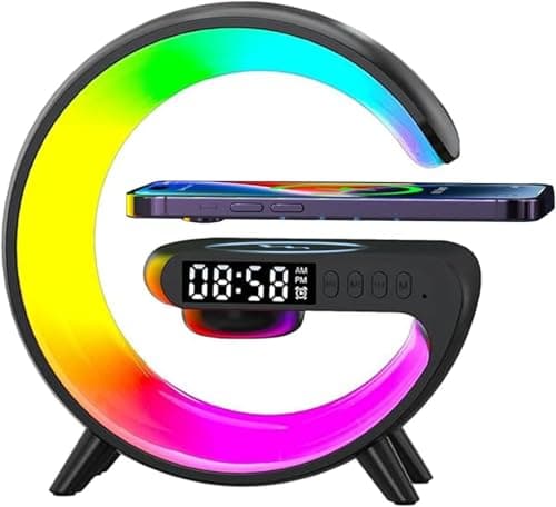 LeeNabao 2025 New Wireless Speaker Charger,Atmosphere Bedside Light with Wireless Charging Station,Music Lit Lamp 4 in 1 Alarm Clock Idea for Family (Black) 7
