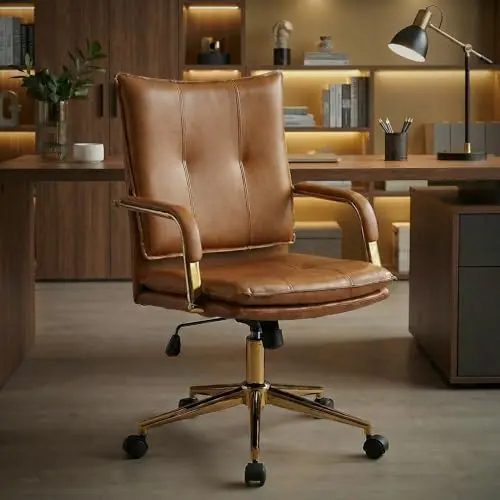 MOJAY Office Chair, Leather Desk Chair, Brown Desk Chair, Mid Century Modern Office Chair, Swivel Comfy Upholstered Wide Seat Chair with Gold Legs and Armrests for Home, Office (Camel&Golden)
