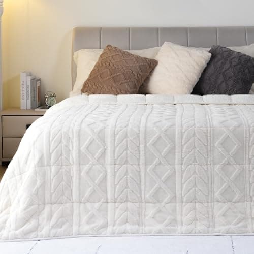 Cottonblue Jacquard Weighted Blanket 15lbs for Adults Queen Size, Ultra Soft Cozy Comfort Sherpa Blanket for Relax and Sleep, Heavy Bed Blankets with Cemaric Beads, 60x80 Inches, Cream White 8