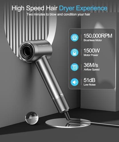 Cosy Companions Hair Dryer - Negative Ionic Blow Dryer with 150000 RPM High Speed Brushless Motor for Fast Drying, Low Noise, HD Display Hair Dryer with Diffuser and Nozzle, 5 Temps & 2 Speeds 8