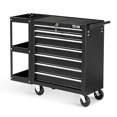 TUFFIOM 7-Drawer Rolling Tool Chest with Side Shelves, Tool Storage Side Cabinet w/Lockable Wheels, Top Cushion & Drawer Liners, Tool Organizer Box for Garage, Warehouse & Repair Shop