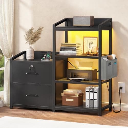 SEDETA 35.4” File Cabinet, Filing Cabinet fits Letter/A4 Size, 2 Drawe File Cabinets for Home Office with Power Strip, LED Lights, Lock, Open Shelf, Black