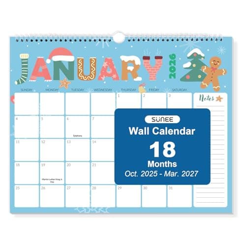 SUNEE 2026 Calendar- 18 Months Oct. 2025 - Mar. 2027, 14.5"x11.5" Big Grid Hanging Calendar 2026 with Note for Organizing & Planning, 2026 Wall Calendar with Note, Cute