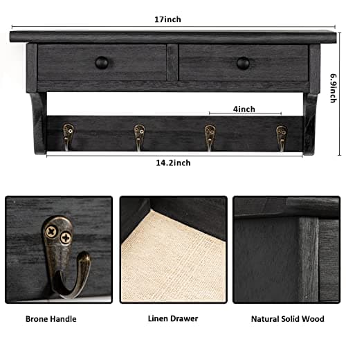 Emfogo Wood Coat Hooks Wall Mounted, Rustic Style with 4 Hooks & Shelf for Entryway, Mudroom, Bedroom, Kitchen, Bathroom (Black) 5