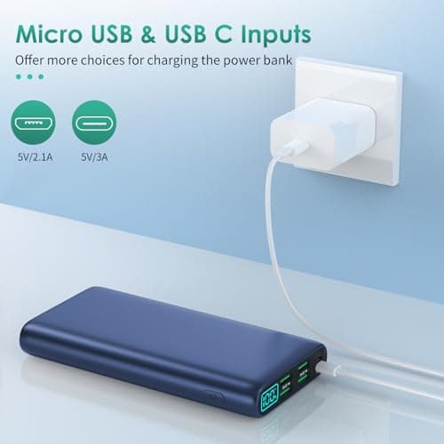 Portable Charger 38800mAh,LCD Display Power Bank,5 USB Outputs Battery Pack Backup, USB-C 3A in&out Travel Essential Portable Phone Charger For iPhone 17/16/15/14/13 Pro/12,Android Samsung Galaxy-Blue 5