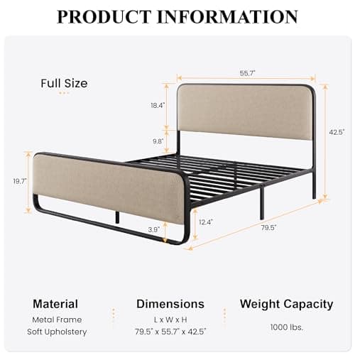 SHA CERLIN Full Size Platform Metal Bed Frame with Curved Upholstered Headboard and Footboard, Large Under Bed Storage, No Box Spring Needed, Modern, Beige 5