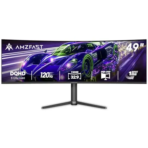 Amzfast 49 Inch Curved Monitor 120Hz DQHD 5120x1440p Ultrawide Gaming Monitor, 120% sRGB, 1500R, 1ms MPRT, HDR, Adaptive Sync, PIP/PBP, Height Adjustable, HDMI 2.0/DP 1.4, VESA 75x75, AMZG49C7U