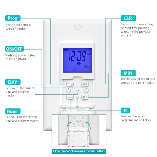BN-LINK 7 Day Programmable in-Wall Timer Switch for Lights, Digital Light Switch Timer Indoor, Single Pole and 3 Way (Compatible with SPDT) Both Use, Neutral Wire Required, Blue Backlight, ETL Listed 8