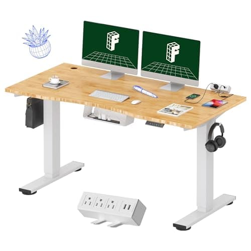 FLEXISPOT EN2 Whole-Piece Bamboo Standing Desk Clamp Power Strip, 55 x 28 Electric Stand Up Height Adjustable Desk with Cable Management (Grey Frame + 55" Bamboo Top, 2 Packages)