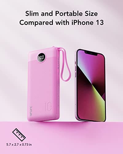 VRURC Portable Charger 10000mAh, Travel Essentials Battery Pack, 5 Output 2 Input Power Bank, Built-in Micro & USB C Cables Phone Charger for iPhone 17 Pro 17 16 15 14 13,Android-Purple(1 Pack) 5