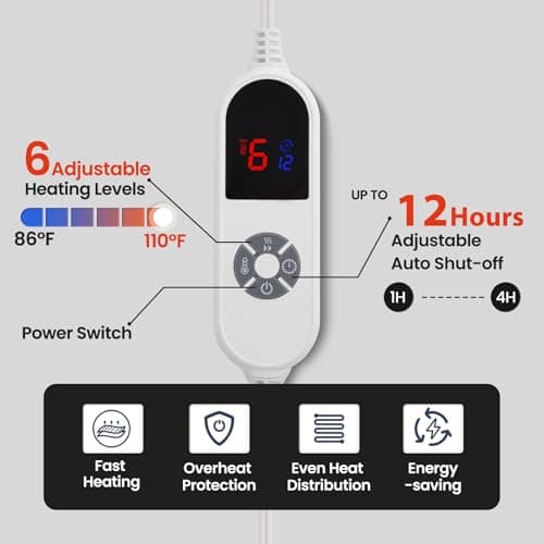 PTQ Electric Heated Blanket 50"x60",Luxury Grey Faux Rabbit Fur Electric Throw Blanket,Fast Heating Soft Fluffy Thick Electric Blanket with 6 Heating Levels & 12H Auto Off 6