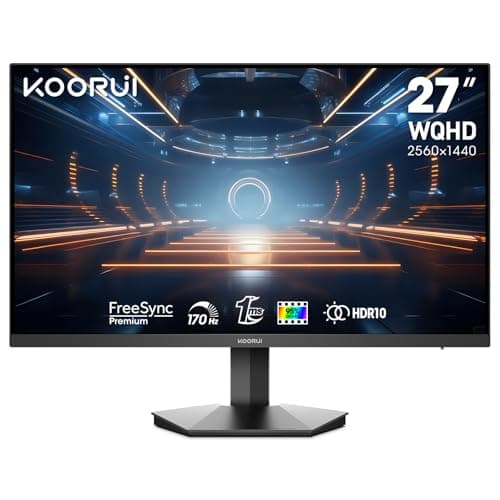 KOORUI Monitor, 27" QHD IPS Gaming Monitor, 170Hz, 1ms, HDR400, Compatibility G-Sync and FreeSync, Tilt Pivot Swivel Vertical Height Adjustable，2 HDMI 2.0 & 1 DisplayPor 1.4