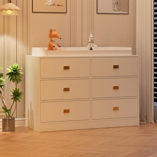 Patikuin Dresser for Bedroom with 6 Drawers, Wide Chest of Drawers with Changing Table Top, Nursery Storage Organizer for Infant with Power Outlets, Changing Pad & Removable to - White 8