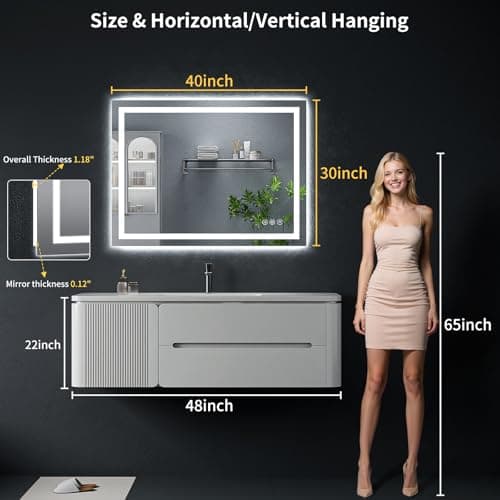 40"x30" LED Bathroom Mirror with Lights, Backlit + Front Lit with CRI>90, Lighted Mirror for Bathroom, Anti-Fog, Dimmable Brightness, 3 Colors, Memory Function, Shatterproof Tempered Glass 8