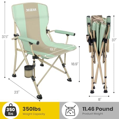 XGEAR Camping Chair with Padded Hard Armrest, Sturdy Folding Camp Chair with Cup Holder, Storage Pockets Carry Bag Included, Support to 400 lbs (1-Green) 2