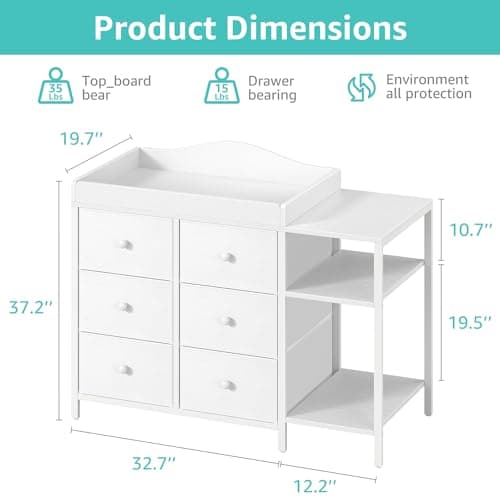 BOLUO Baby Dresser with Changing Table Top, White Changing Table Dresser with 6 Fabric Drawers Diaper Changing Station with Storage Shelf for Nursery Modern 5