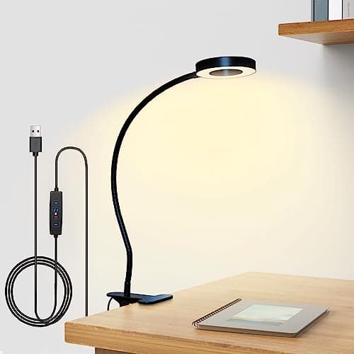 KOTUDAY Clip on Desk Lamp with Clamp for Reading Home Office, 360° Ajustable Clip Light for Bed Headboard, Bedside or Desk with 10 Dimmable Brightness 3 Eye-Care Color Modes