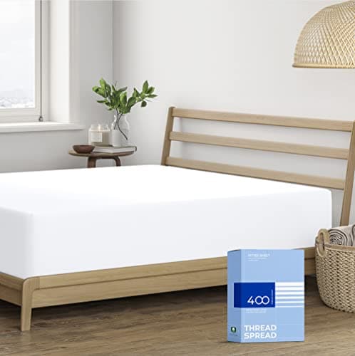THREAD SPREAD 100% Cotton Full Size Fitted Sheet Only - 400 Thread Count 16" Deep Pocket Full Size Fitted Sheet, Soft, Cooling, Durable Sateen Weave No Pop-Off Elastic Bottom Sheets for Adults - White