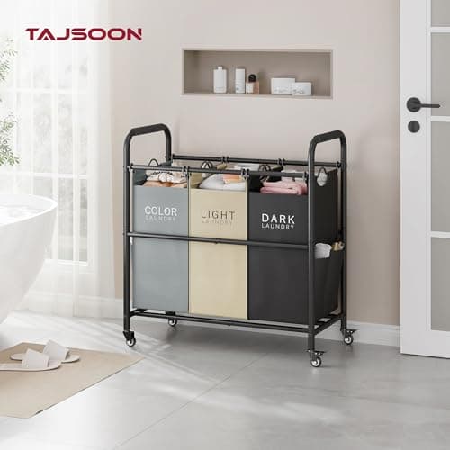 Tajsoon 3 Bag Laundry Sorter Cart, Laundry Hamper Sorter Basket with Heavy Duty Lockable Rolling Wheels for Clothes Storage, 3 Colors 6