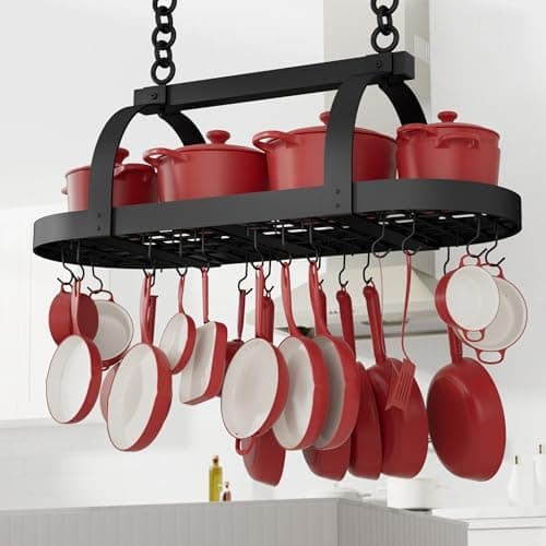 KES 48 Inch Large Hanging Pot Rack, Heavy Duty Oval Pot and Pan Hanging Rack Ceiling Mount, Pot Pan Hangers for Kitchen with 20 Hooks, Matte Black, (For 16" and 24" Joist Mount), KUR225S122-BK