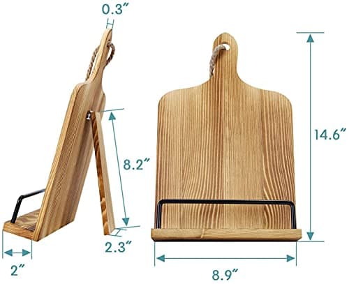 Soligt Cookbook Stand for Kitchen Counter Adjustable iPad Tablet Recipe Book Holder Rustic Wood Cutting Board Style - Brown 6