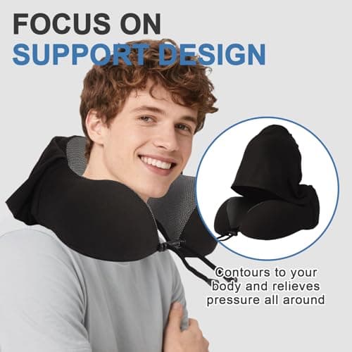 Travel Neck Pillow with 100% Light-Blocking Hood – Ergonomic Memory Foam Support Pillow for Airplane, Long Flights, Road Trips, Office and Car, Full Head and Neck Support with Skin-Friendly Cover 5