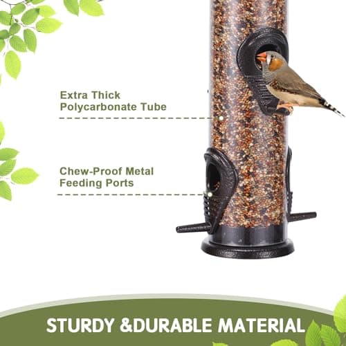 MIXXIDEA 2PK Metal Wild Bird Feeder Squirrel Proof Bird Feeders for Outside Hanging 6 Port Tube Bird Feeder Transparent Finch Feeder with Steel Hanger (Coffee) 5
